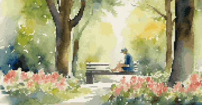 A person sitting on a bench in a park, journaling with a cup of tea, surrounded by flowers and trees with sunlight filtering through the leaves.