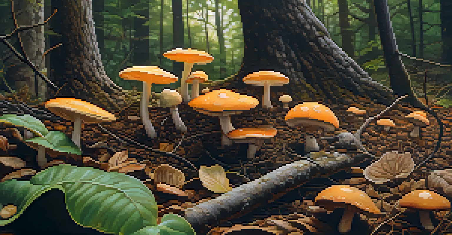 A close-up of the forest floor with leaves, twigs, soil, and mushrooms, illuminated by soft sunlight.