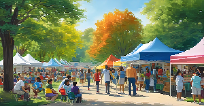A lively community health fair in a park with diverse families participating in health screenings and educational activities under colorful tents.