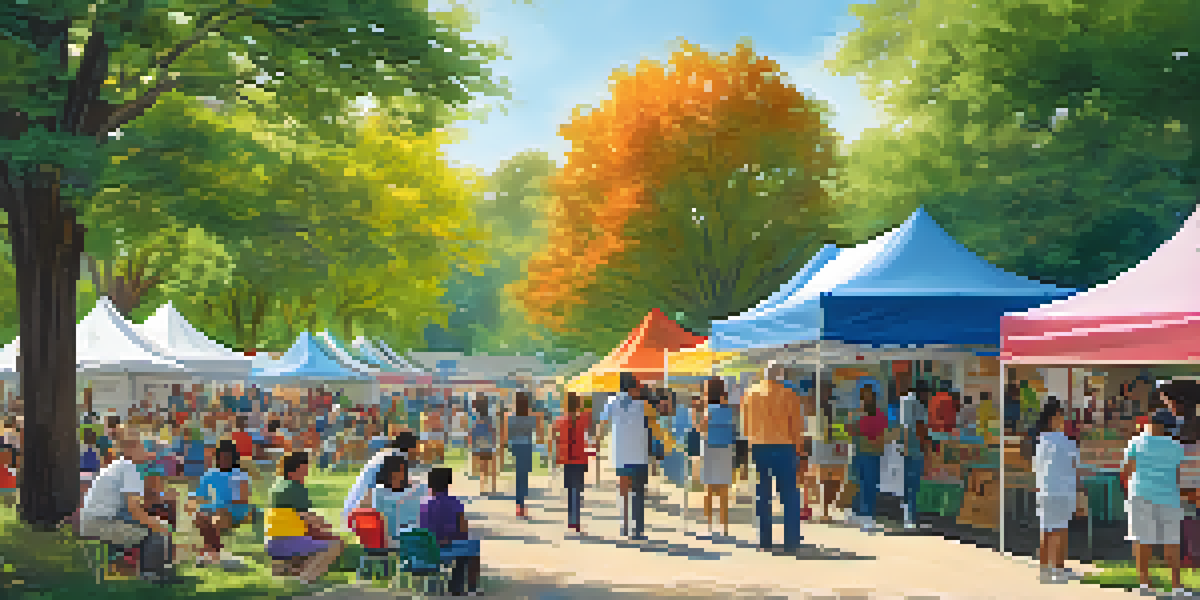 A lively community health fair in a park with diverse families participating in health screenings and educational activities under colorful tents.
