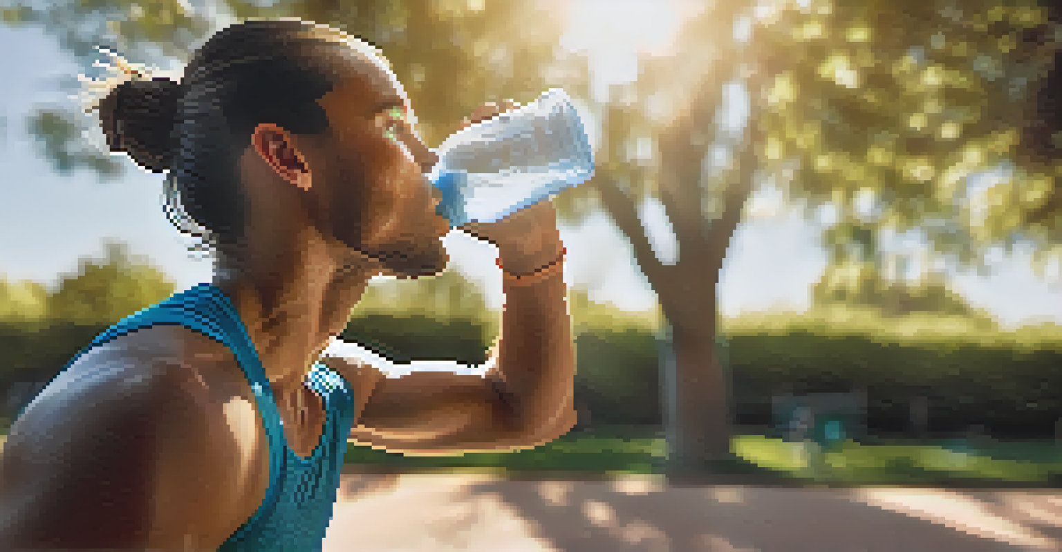 An athlete drinking water from a bottle during an outdoor workout, with sunlight and a park background.