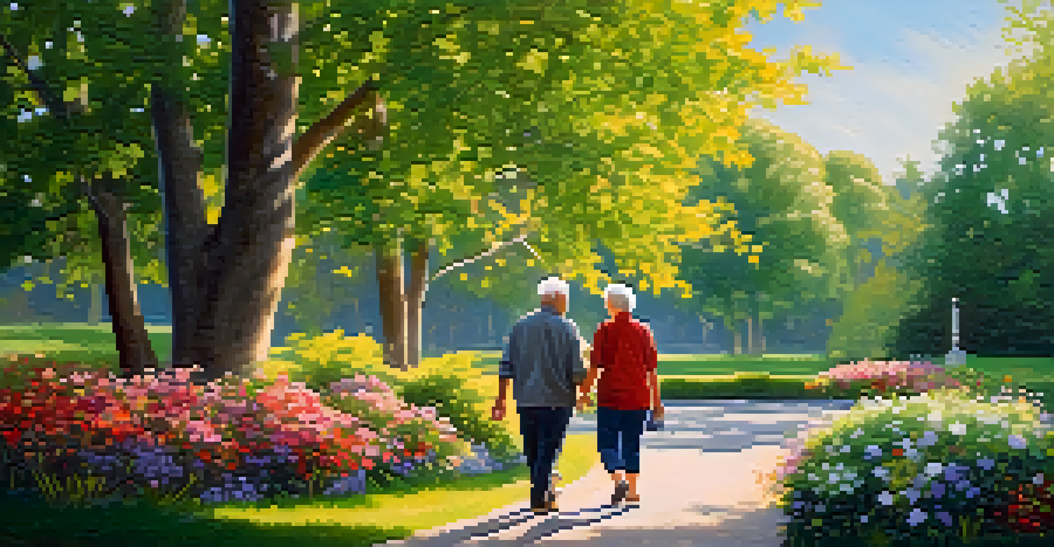 Two older adults walking together in a park, smiling and enjoying the outdoors.