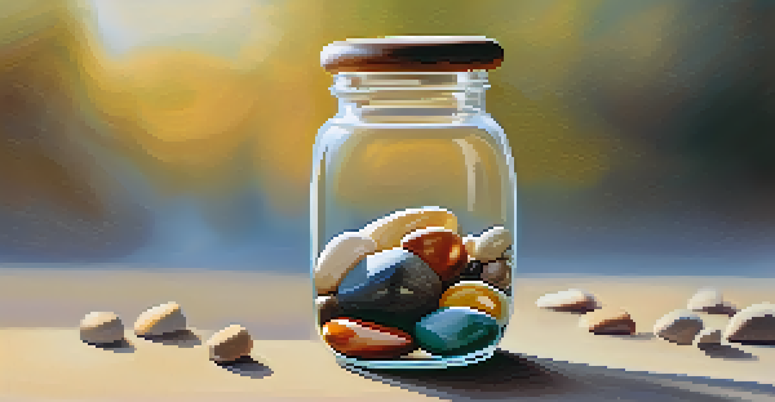 A close-up of a hand holding a colorful rock over a glass jar filled with larger stones, with soft lighting.