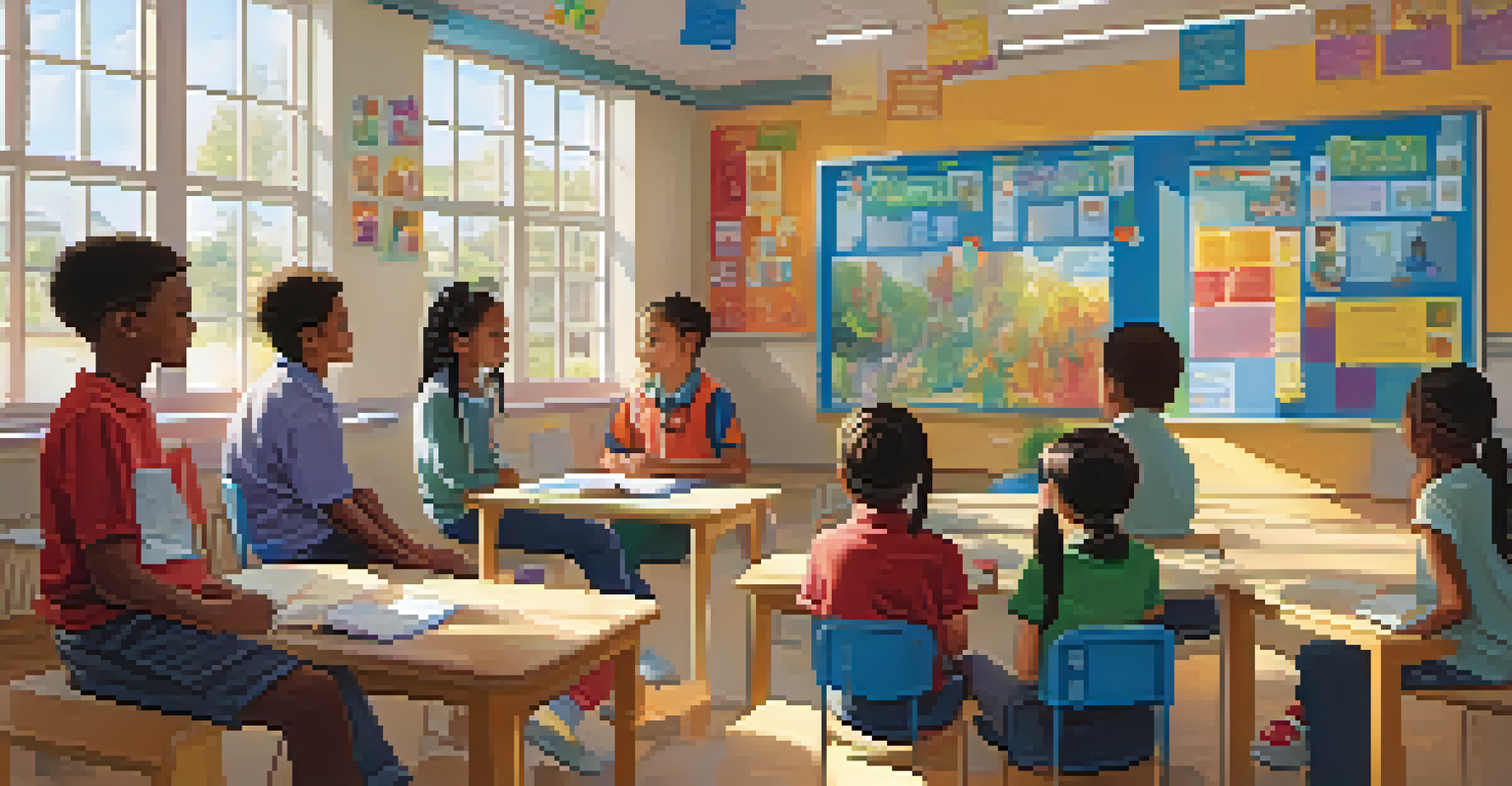 Children in a bright classroom engaged in discussions, with posters on the walls about mental health awareness, under warm natural light.