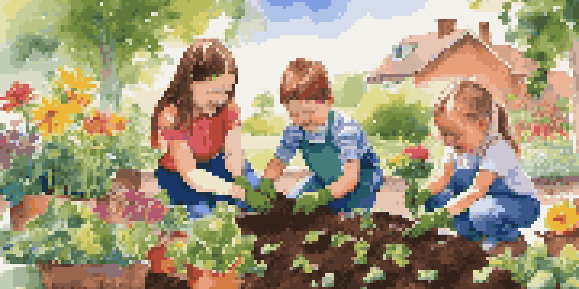 Children joyfully planting seeds in a colorful family garden under a bright sun.
