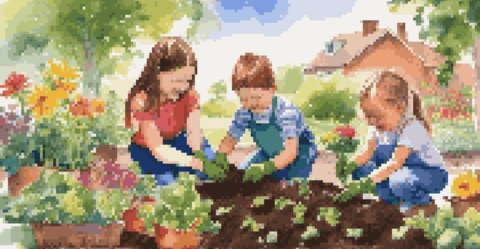 Children joyfully planting seeds in a colorful family garden under a bright sun.