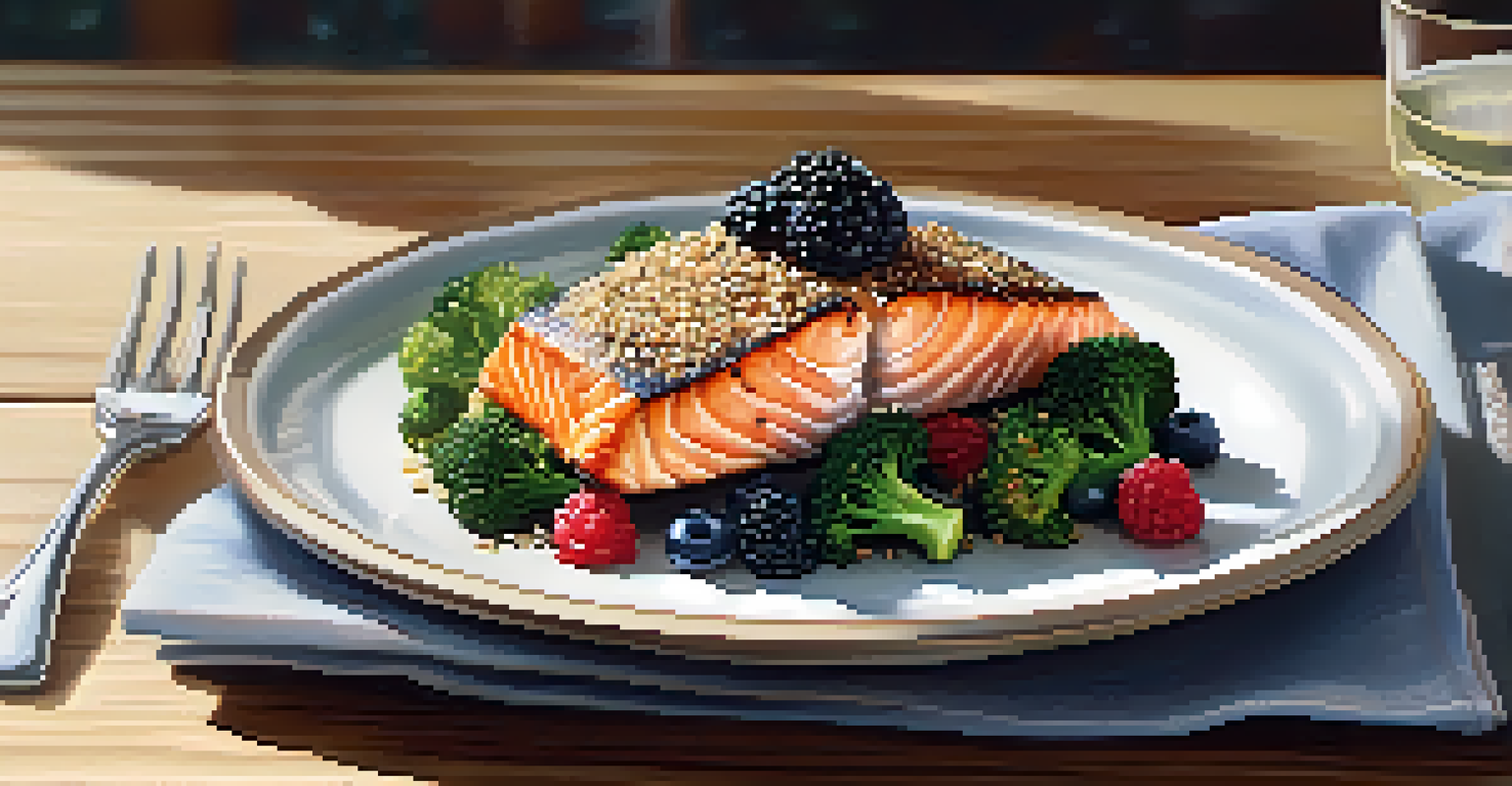 A beautifully arranged plate of a balanced meal with salmon, quinoa, and vegetables.