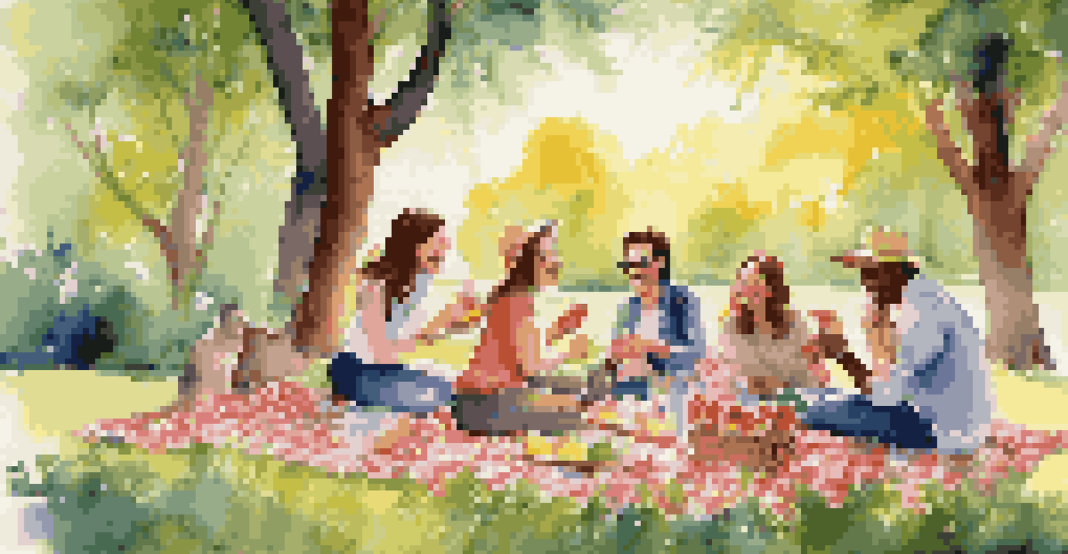 A group of friends having a joyful picnic in a park, surrounded by nature and vibrant flowers.