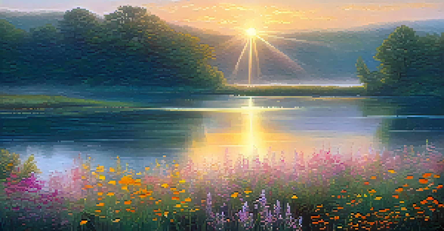 A peaceful sunrise over a lake with wildflowers in the foreground.