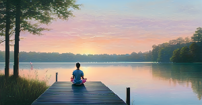 A person meditating on a wooden dock by a calm lake at sunset, with reflections of pink and orange hues in the water and lush green trees surrounding the area.