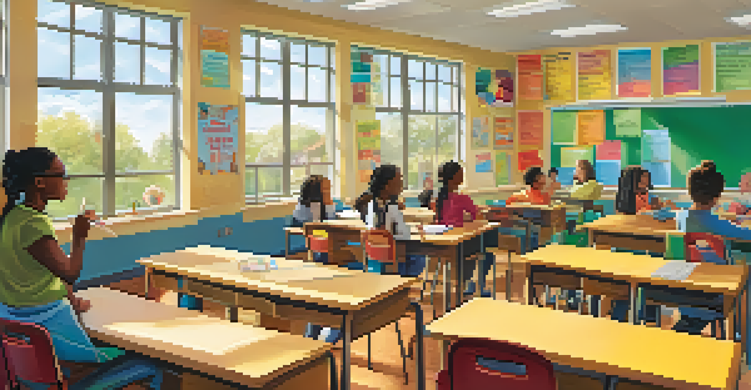A classroom scene with students participating in a mental health awareness activity, colorful posters on the walls, and a teacher facilitating the discussion.