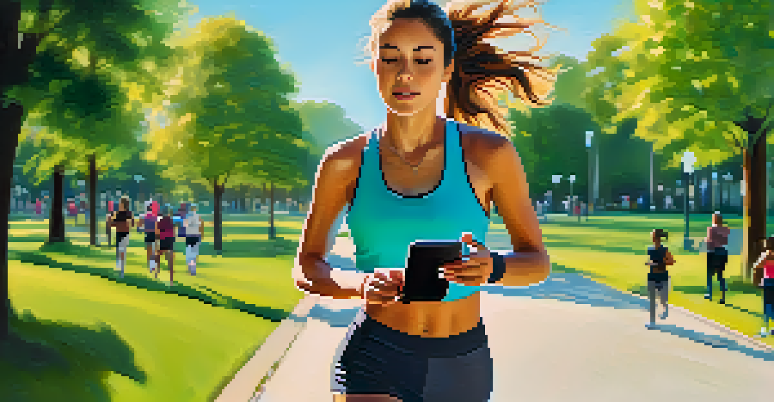 A young woman checking a fitness app on her smartphone while jogging in a park.
