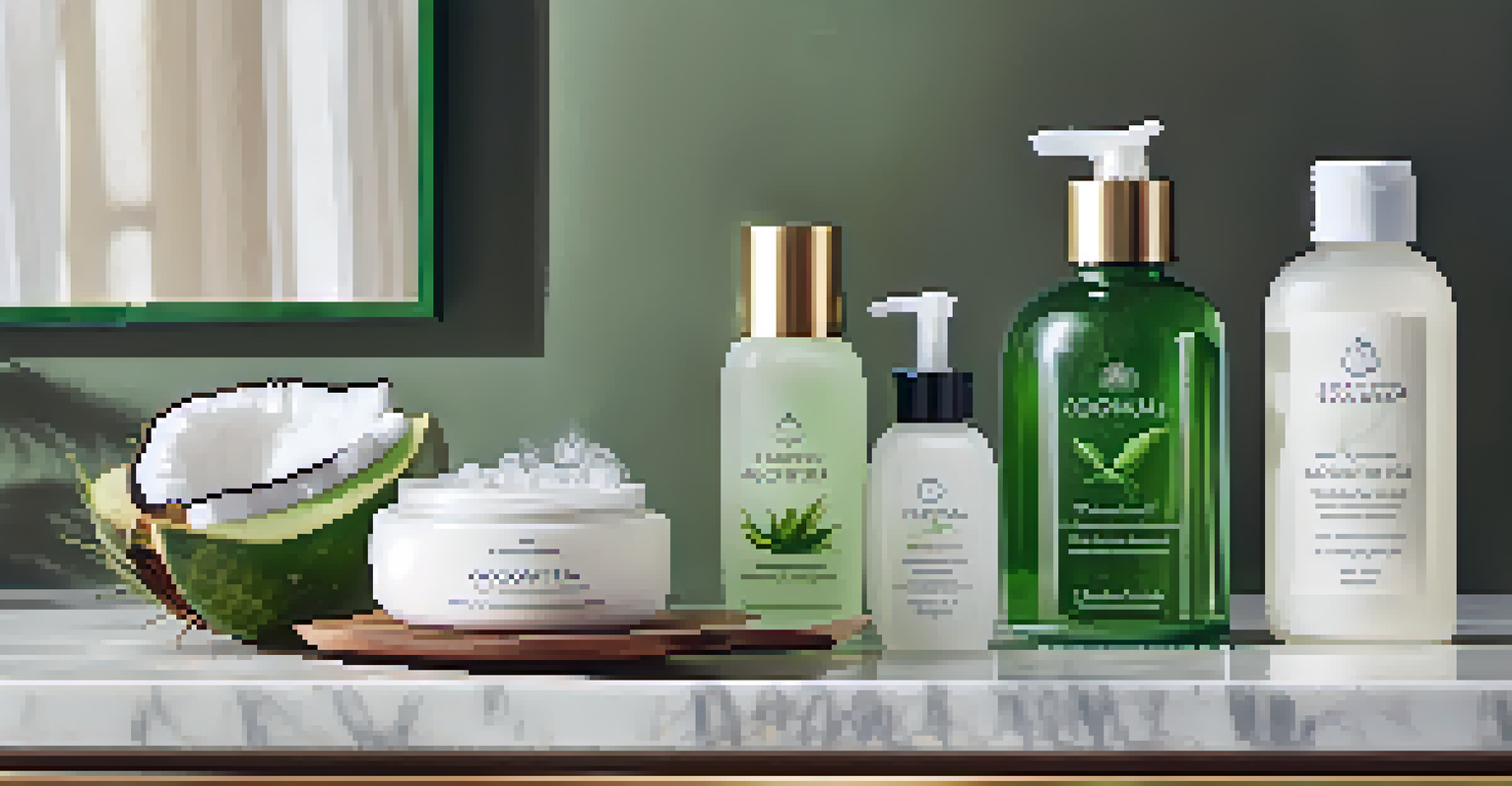 Natural skincare products like coconut oil and aloe vera gel on a marble bathroom countertop illuminated by soft daylight.