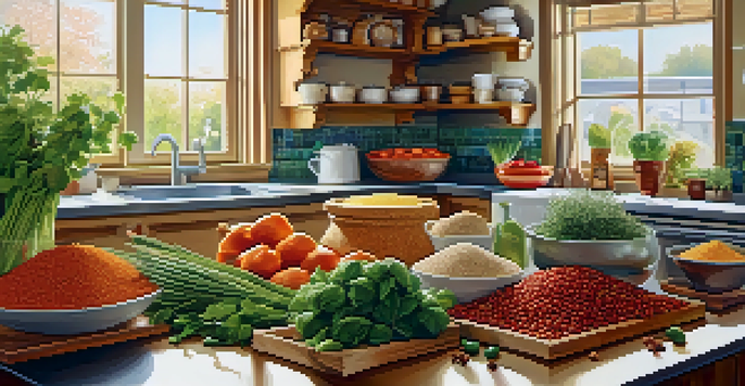 A bright kitchen counter filled with various fresh ingredients from different cultures, illuminated by sunlight.