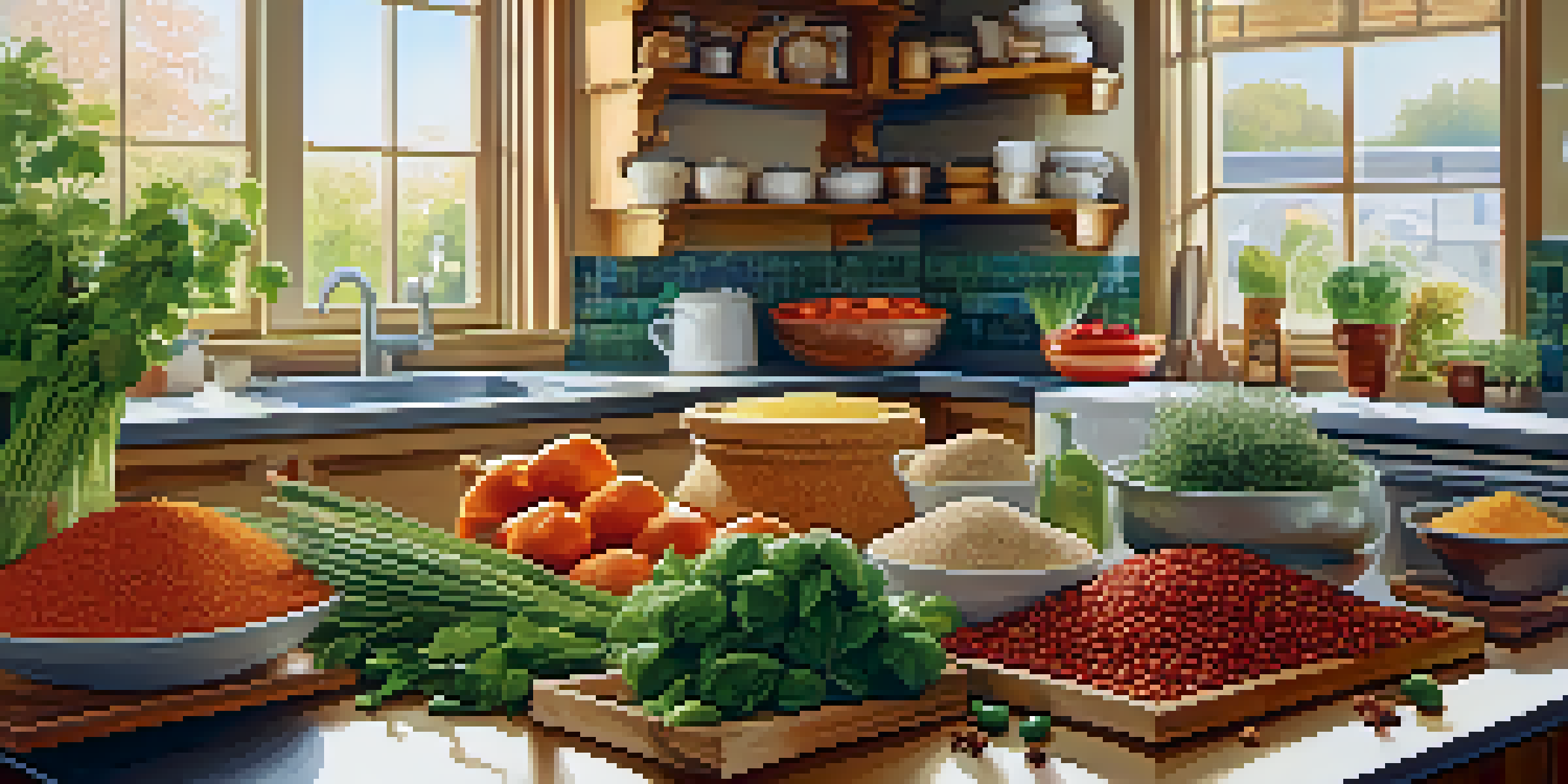 A bright kitchen counter filled with various fresh ingredients from different cultures, illuminated by sunlight.