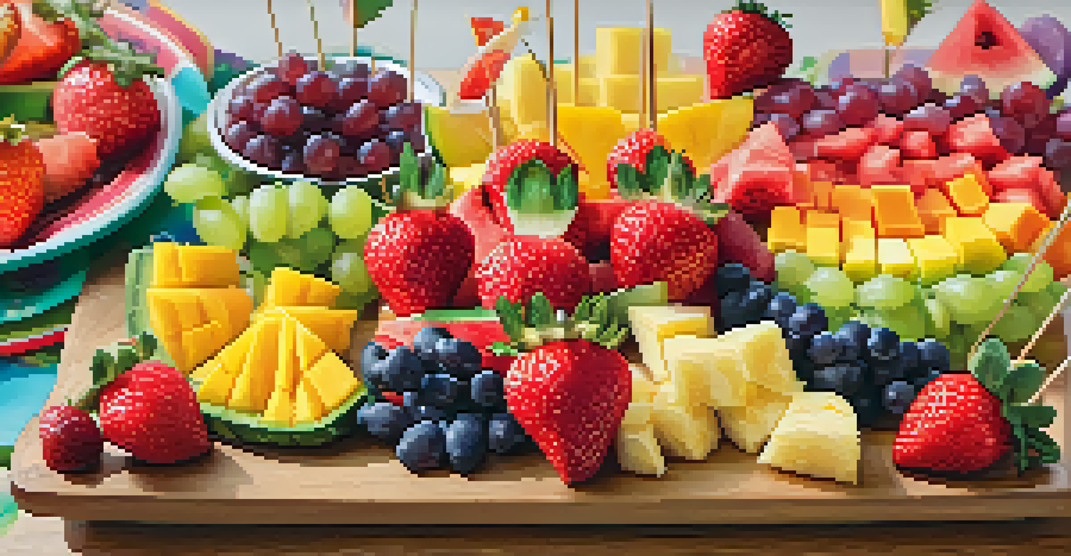 A colorful display of fruit skewers made by kids on a wooden platter with cheerful decorations.