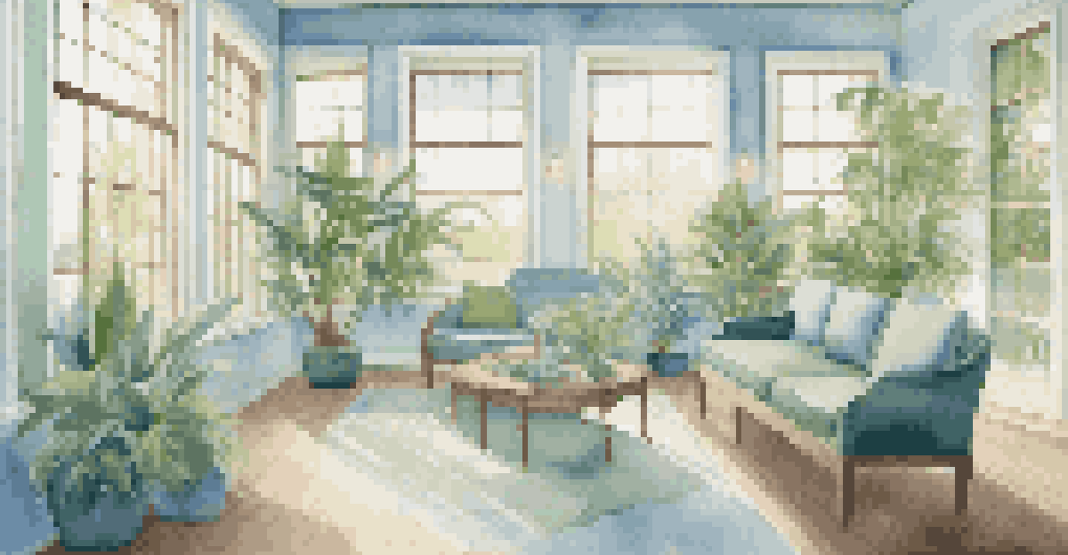 A peaceful room designed for wellness, decorated in soft blue and green colors with natural light and plants.