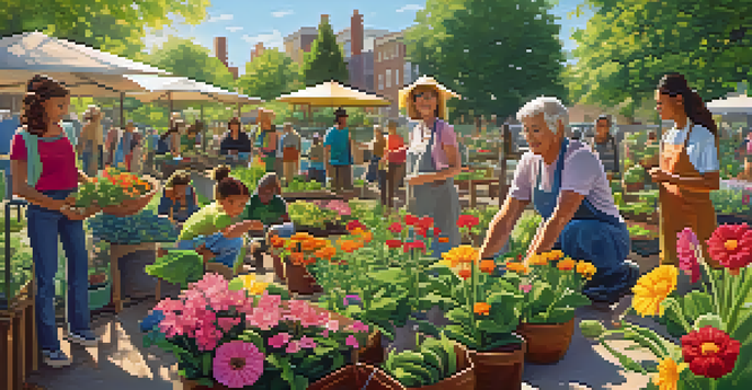 A diverse group of people working in a community garden, planting vegetables together under the sun.