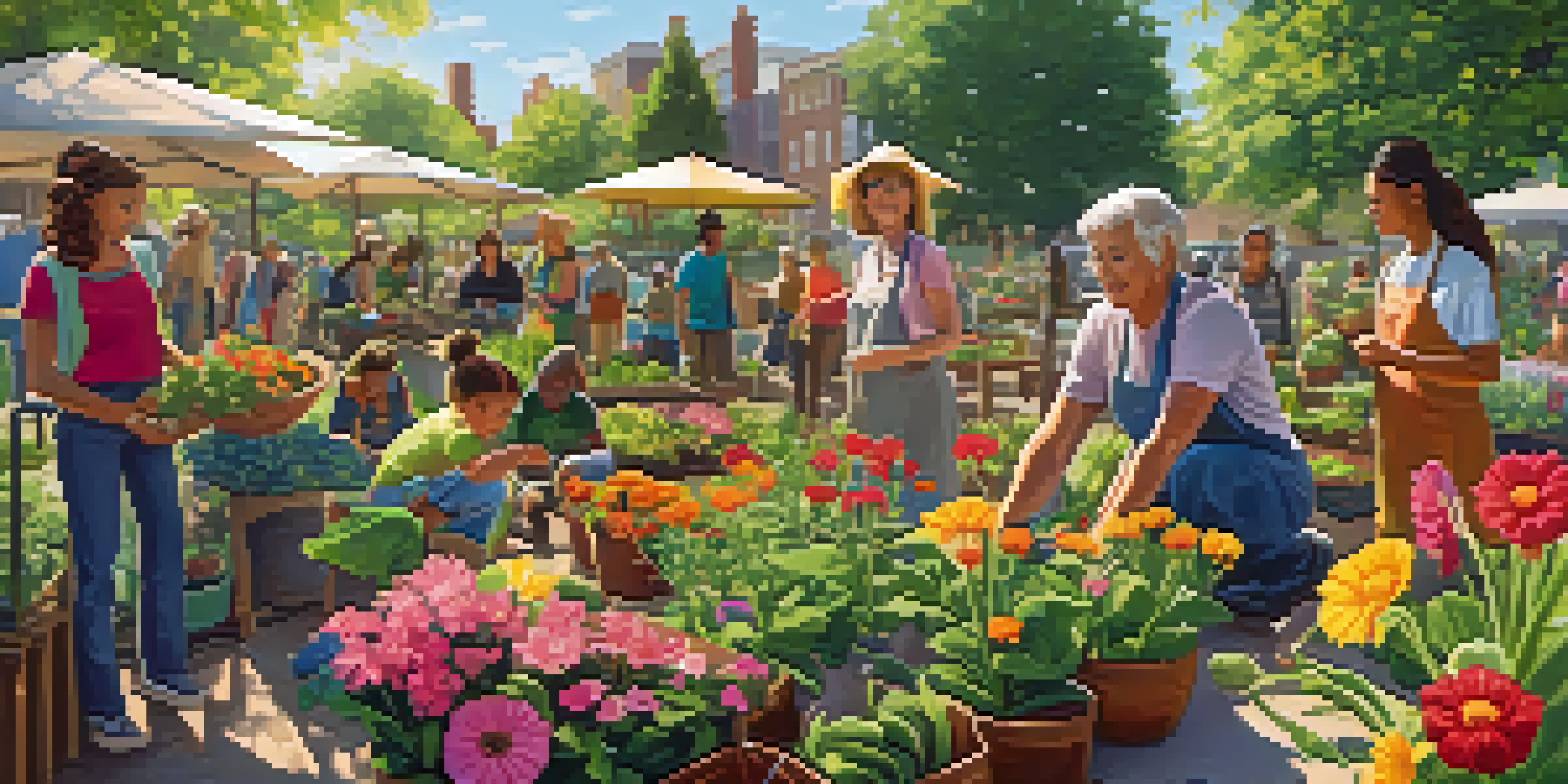A diverse group of people working in a community garden, planting vegetables together under the sun.