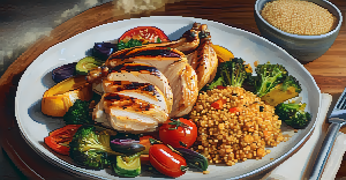 A colorful plate of grilled chicken, quinoa, and roasted vegetables, presented in a warm and inviting setting.