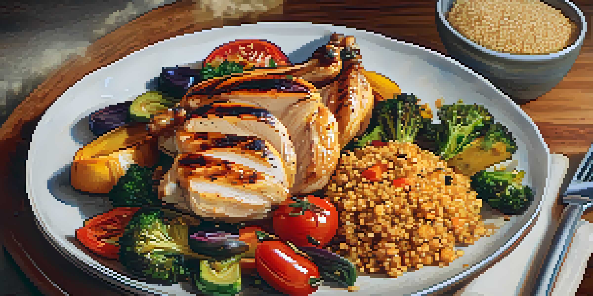 A colorful plate of grilled chicken, quinoa, and roasted vegetables, presented in a warm and inviting setting.