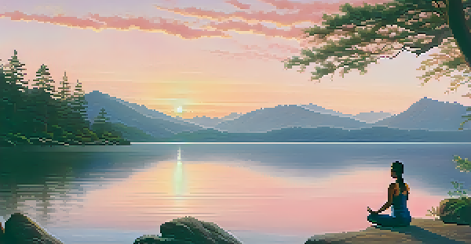 A peaceful sunrise over a lake with a person practicing yoga on the shore.