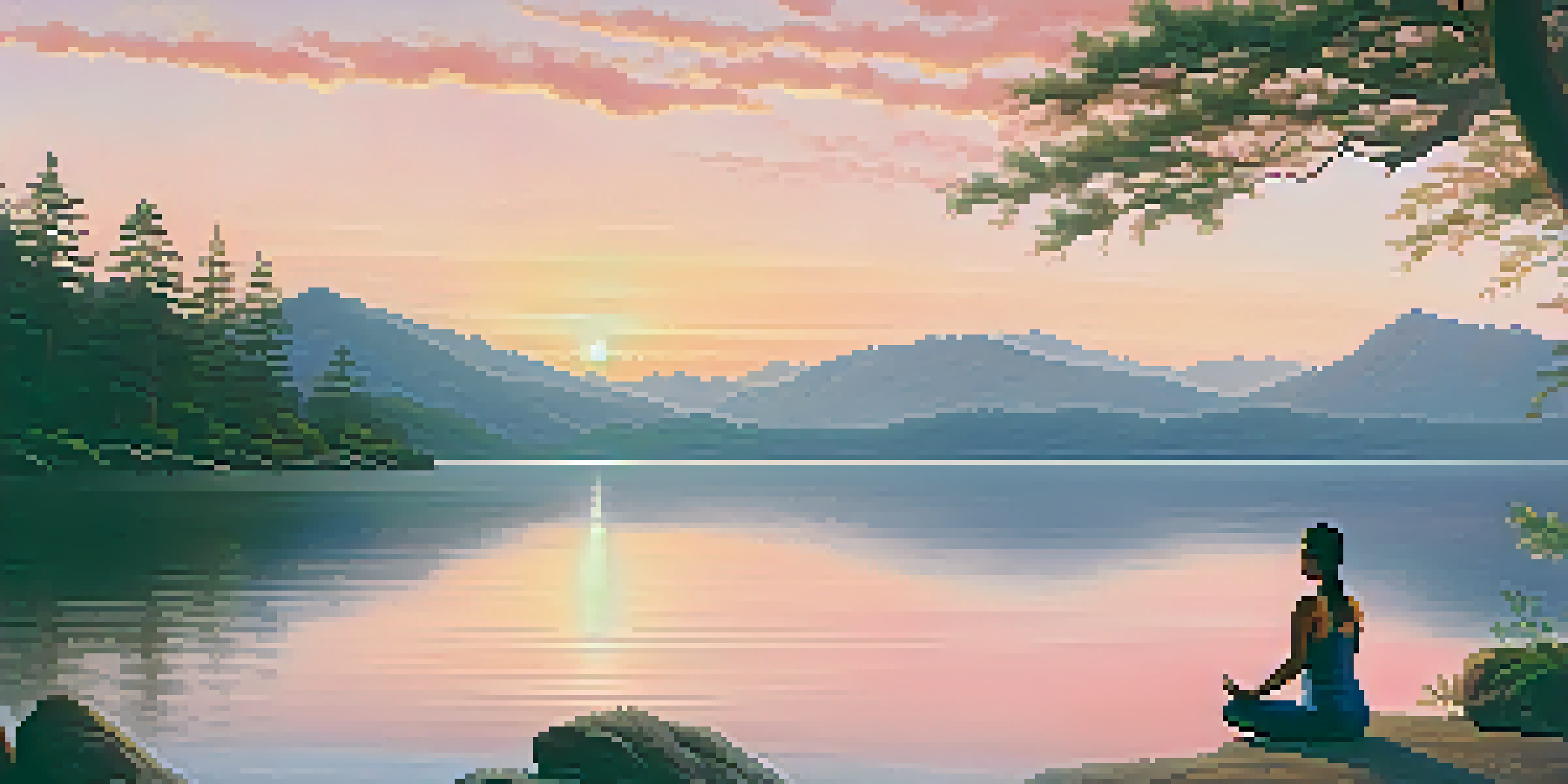 A peaceful sunrise over a lake with a person practicing yoga on the shore.