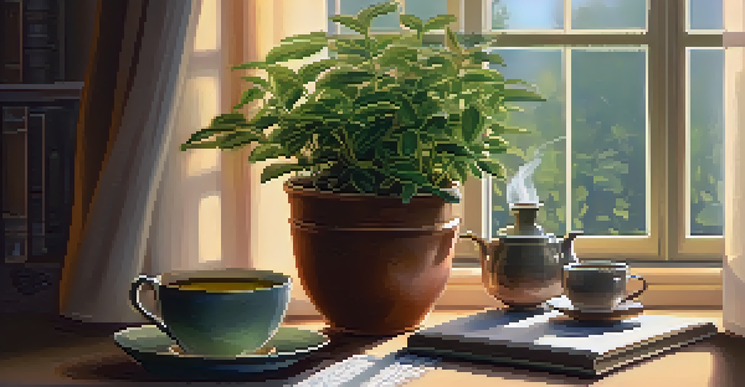 A cozy indoor scene with a cup of tea, a notebook, and a plant on a table, softly lit by daylight.