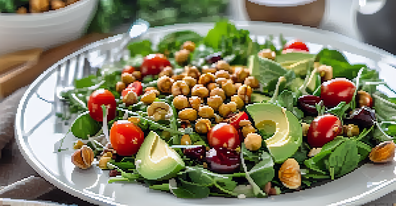 A colorful one-bowl salad with mixed greens, chickpeas, avocado, and tomatoes on a white plate in a bright kitchen.