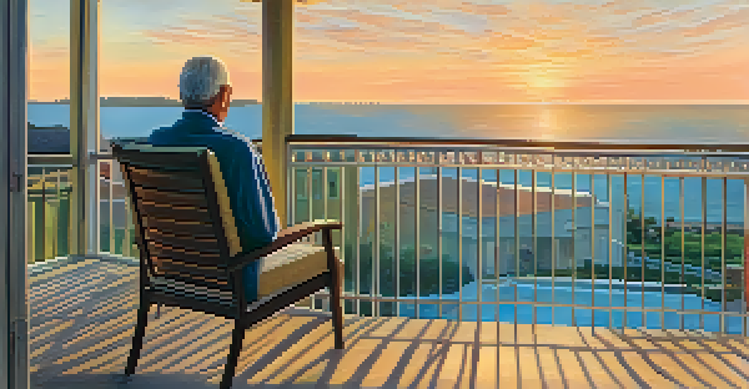 A person sitting on a balcony during sunset, symbolizing peace and security in retirement.