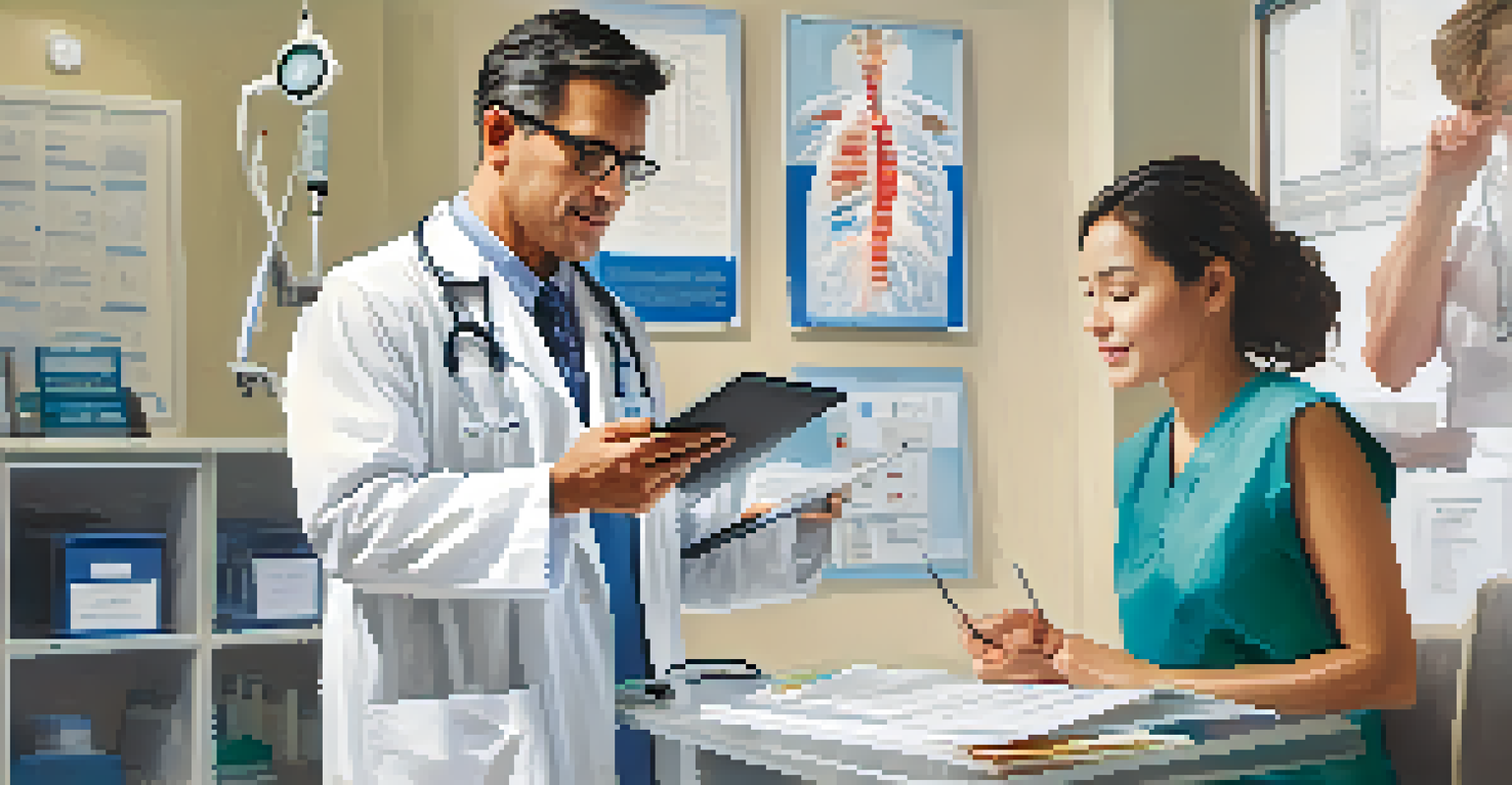 A doctor and patient discussing health in a bright examination room with medical equipment around.