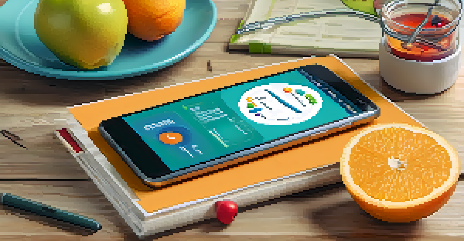 An overhead view of a smartphone displaying a health app, surrounded by fruits and a notepad on a wooden table.
