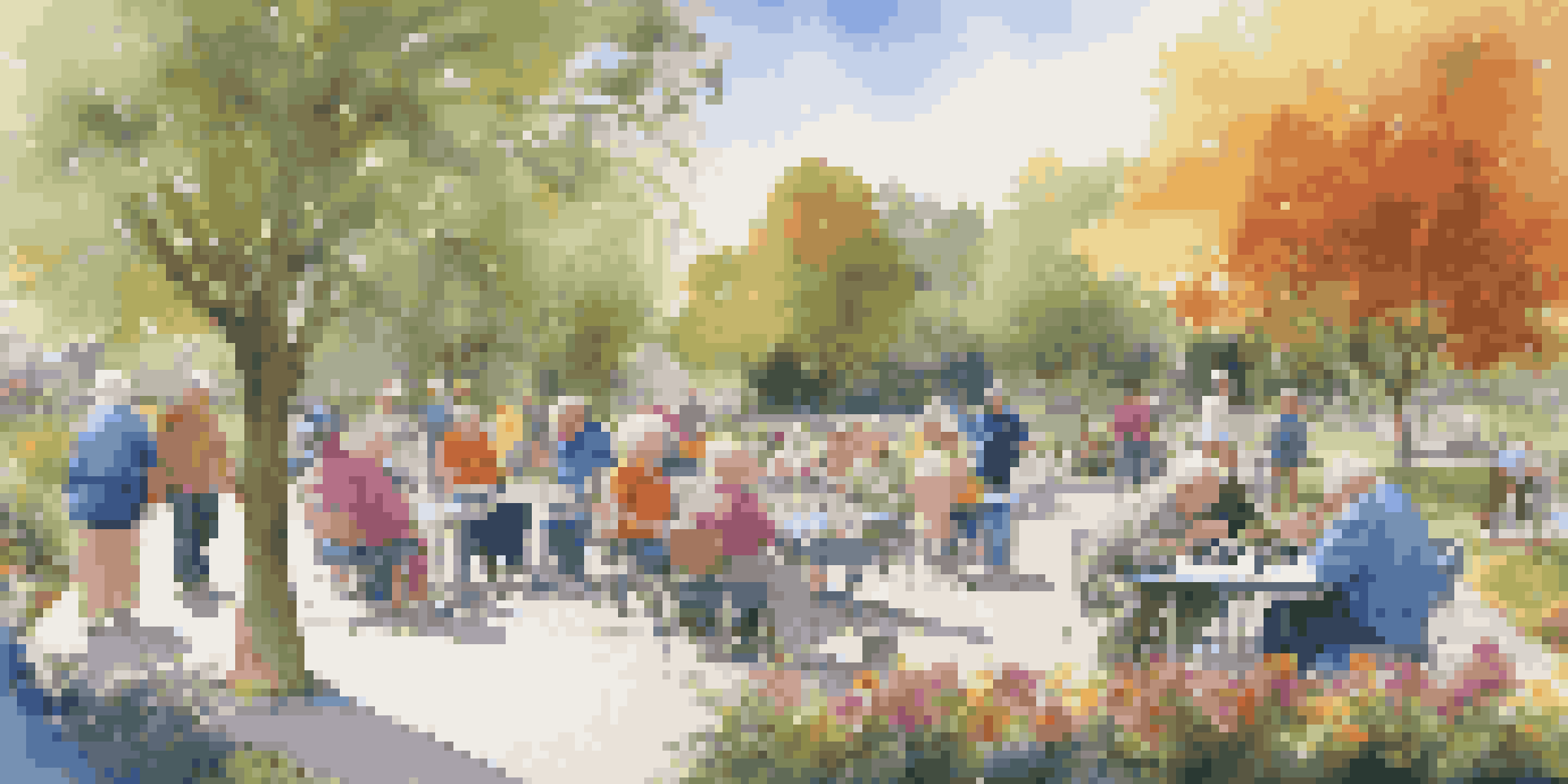 A lively community park where elderly individuals are engaged in activities like chess, dancing, and walking dogs, surrounded by flowers and greenery.