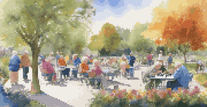 A lively community park where elderly individuals are engaged in activities like chess, dancing, and walking dogs, surrounded by flowers and greenery.