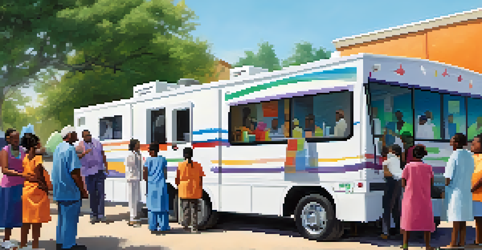 A mobile health clinic in a community area, with healthcare providers assisting local residents, creating a scene of community engagement and health access.