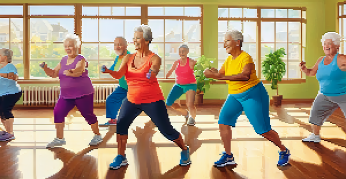 A group of happy senior adults exercising together in a bright fitness class, showcasing camaraderie and engagement.