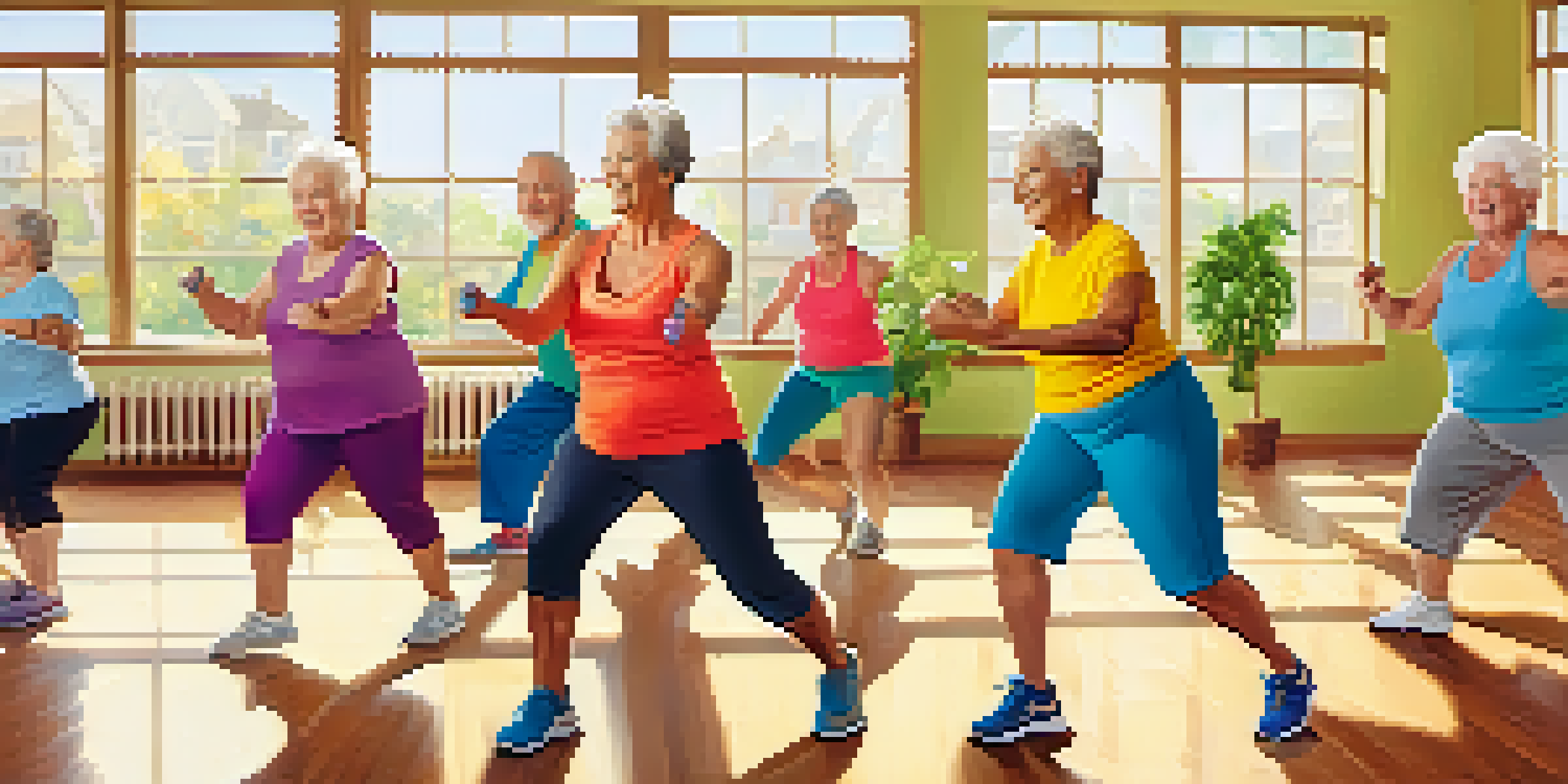 A group of happy senior adults exercising together in a bright fitness class, showcasing camaraderie and engagement.