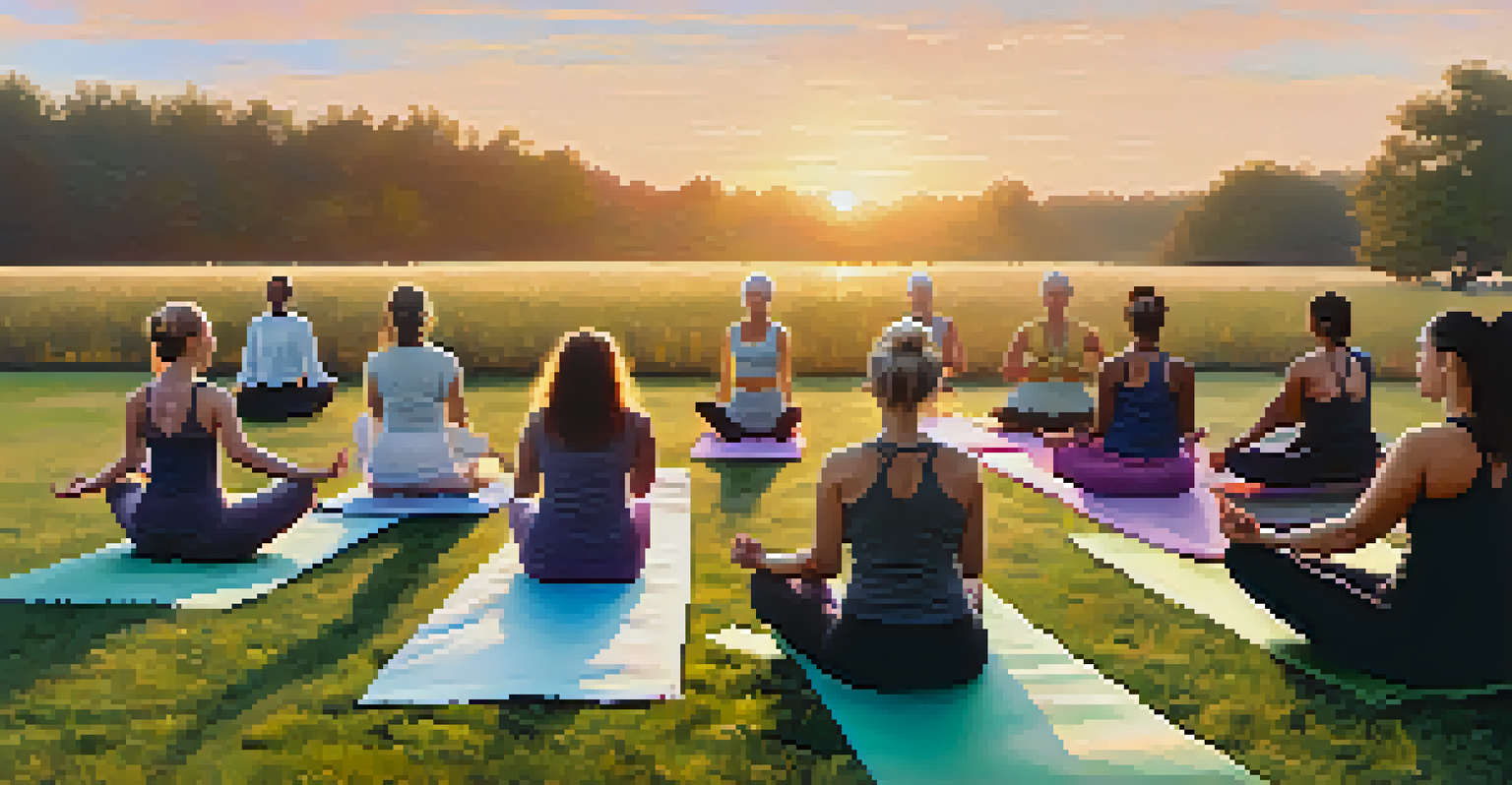 A group of diverse women practicing yoga at sunrise in a grassy field, promoting wellness and community.