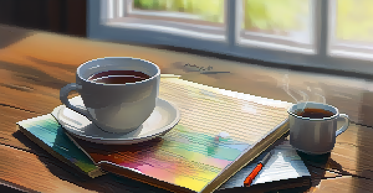 A gratitude journal on a table with a pen and a cup of tea, symbolizing mindfulness and reflection.