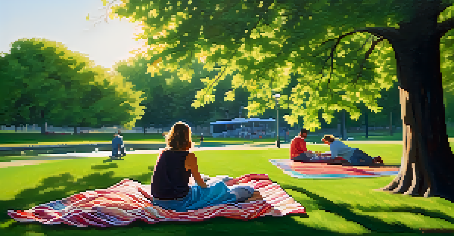 A peaceful park with people napping on blankets under trees, surrounded by nature.