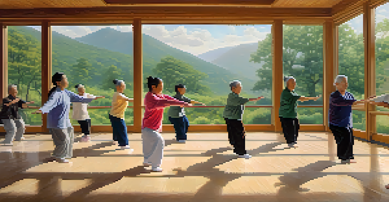 A diverse group of people practicing Tai Chi in a bright community center with large windows overlooking a green landscape.