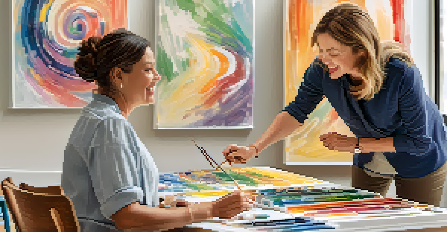An art therapist assisting a young client in a colorful painting exercise in a tranquil room filled with art supplies.