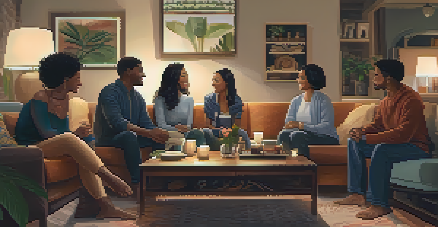 A cozy living room gathering of individuals from diverse ethnic backgrounds sharing experiences in a warm and supportive atmosphere.