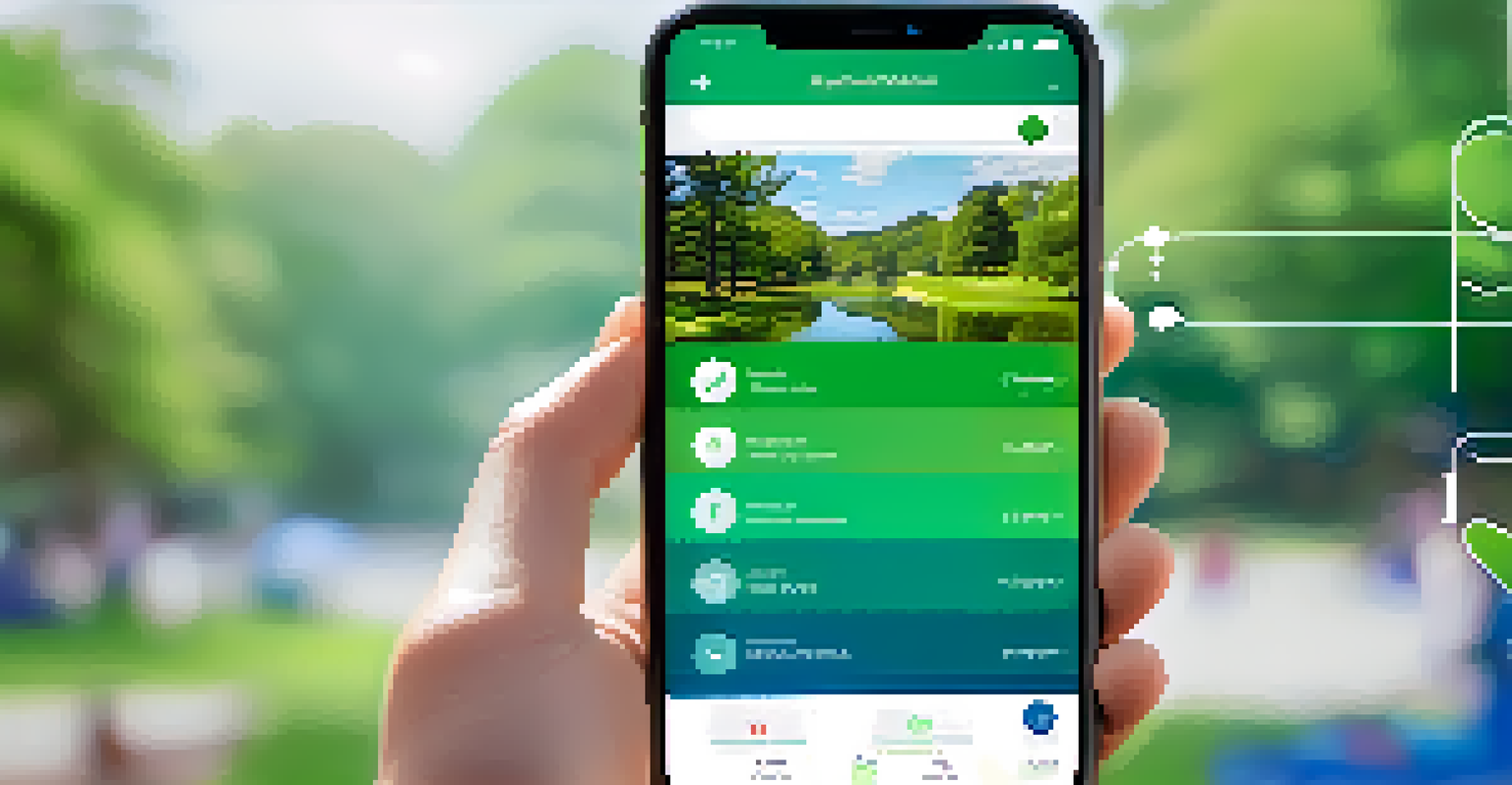 Close-up of a smartphone displaying a mobile health app interface with tracking tools and wellness tips, set against a soft-focus background of a person in a park.