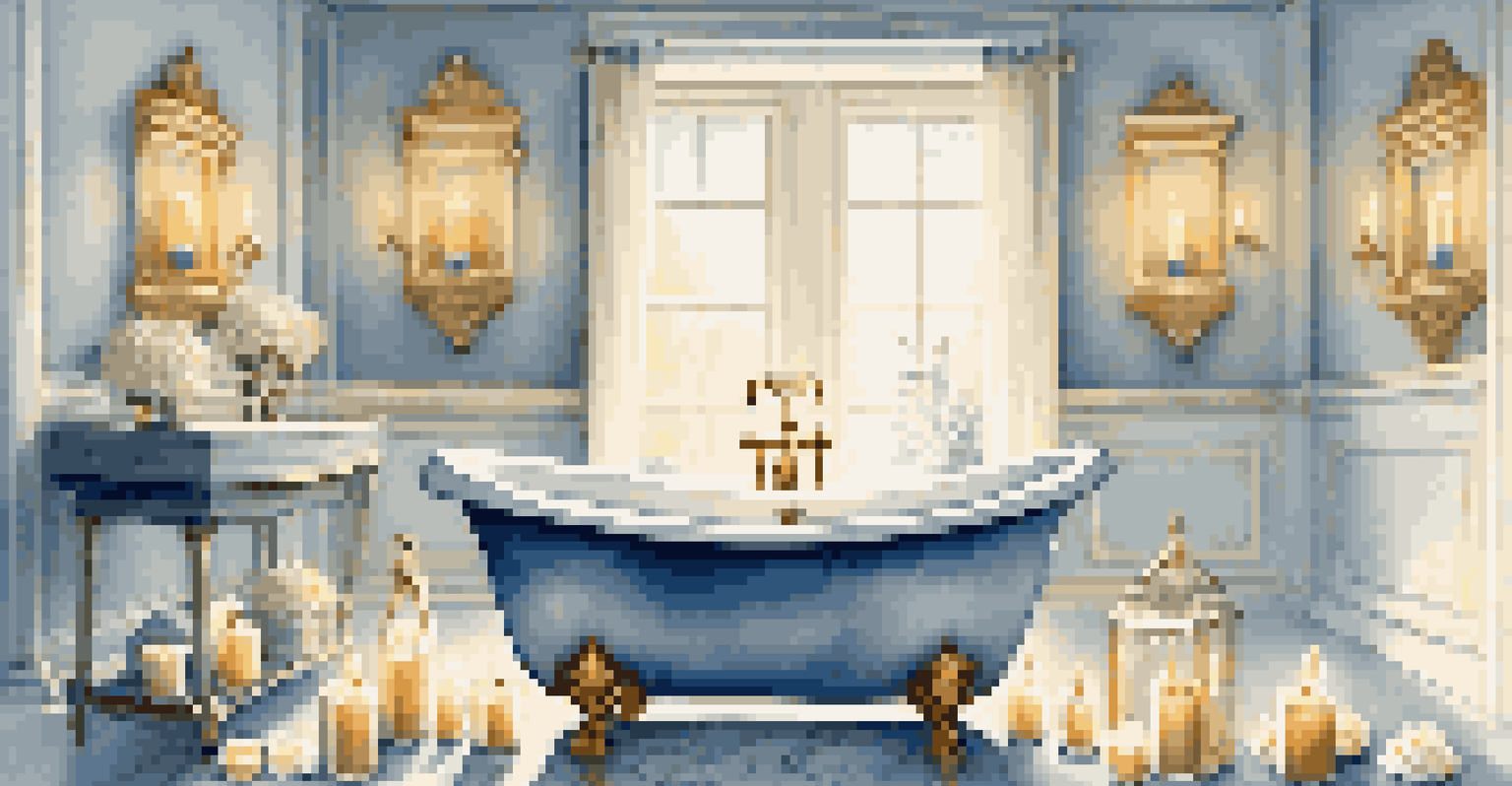A tranquil bathroom with a filled bathtub, candles, and essential oils creating a peaceful atmosphere.