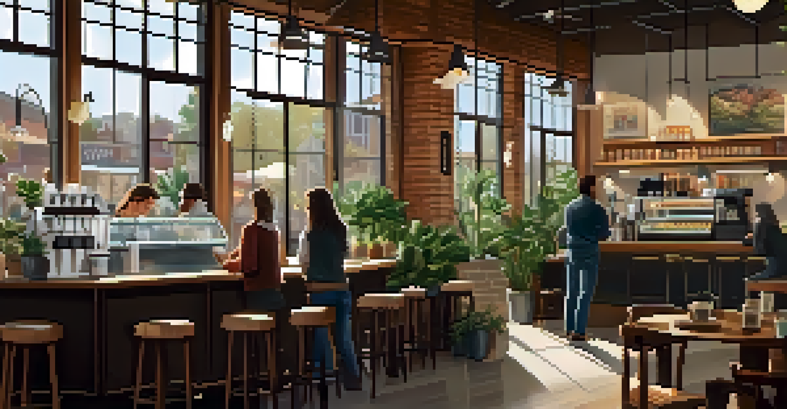 An inviting coffee shop with customers engaging in conversations and a barista preparing drinks.