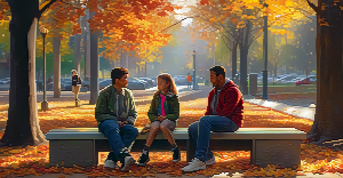 A diverse group of people in a park, talking while the sun sets, with autumn leaves scattered on the ground and a dog playing nearby.
