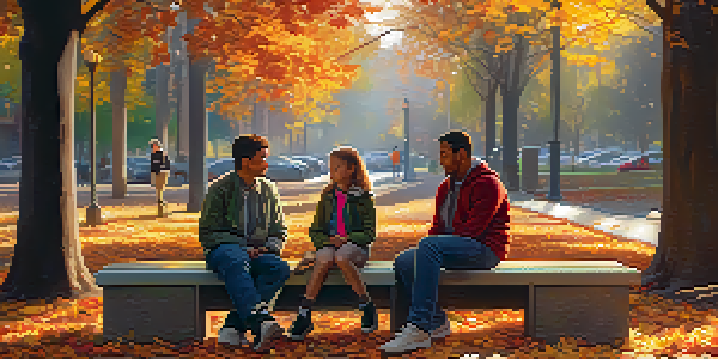 A diverse group of people in a park, talking while the sun sets, with autumn leaves scattered on the ground and a dog playing nearby.
