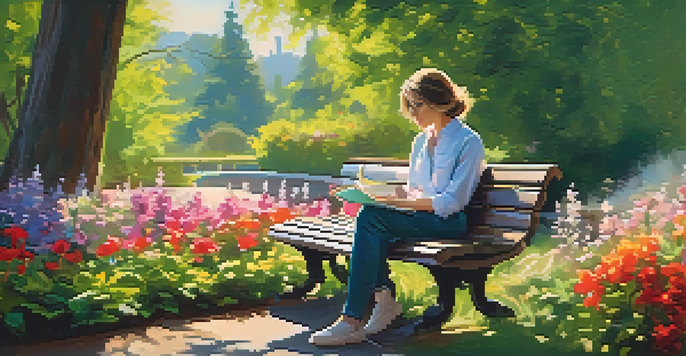 A person sitting on a bench in a peaceful park with greenery and flowers, writing in a journal and holding a cup of tea.