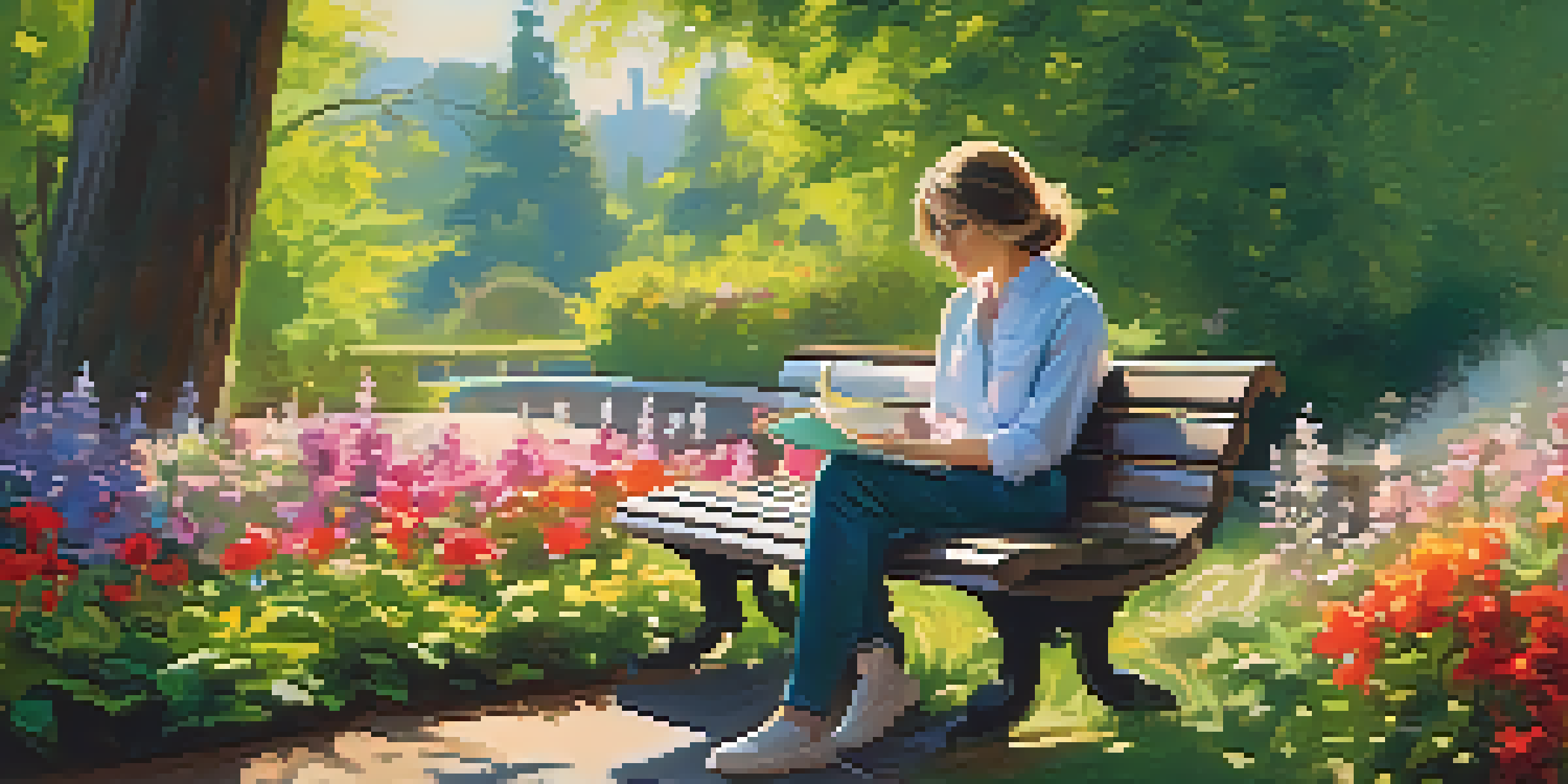 A person sitting on a bench in a peaceful park with greenery and flowers, writing in a journal and holding a cup of tea.